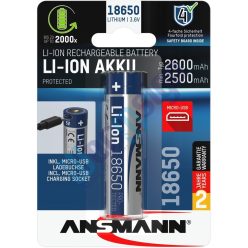   ANSMANN 18650 Li-ion 2600mAh védett akkumulátor USB töltéssel